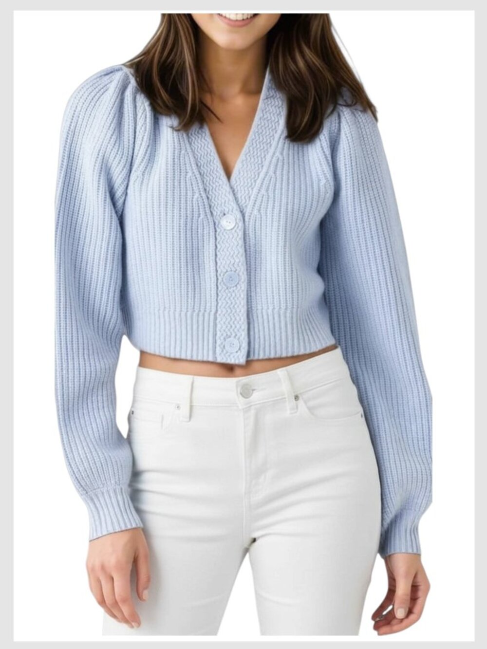 LoveShackFancy Puff Sleeve Cropped Cardigan Baby Blue XS